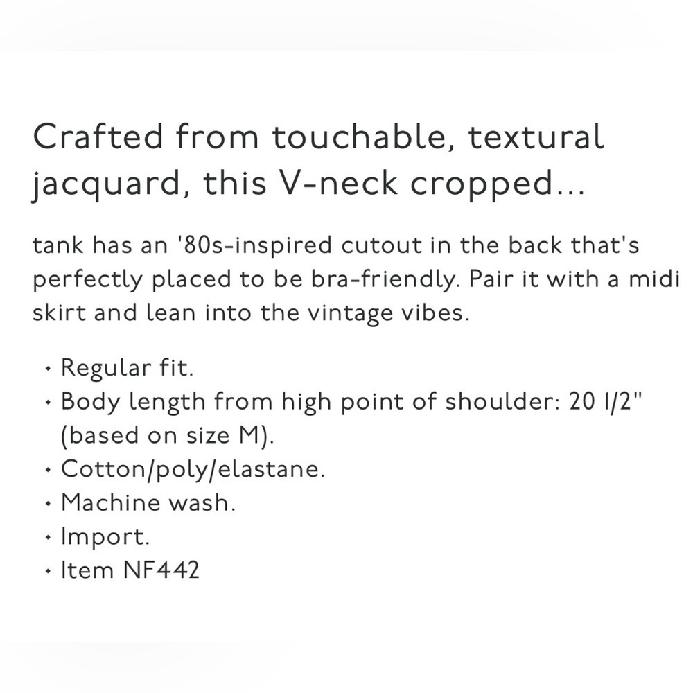 Women’s Madewell Jacquard Peekaboo Back Crop V-Neck Tank Top Size Small - Picture 16 of 16